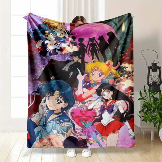 Anime Warrior Princess Flannel Blanket Magical Girl Moon Pattern Super Soft Cozy Warm Lightweight Decorative Throw Perfect For Bedroom Sofa Living Room Birthday Gift Camping Travels Office Nap Blanket